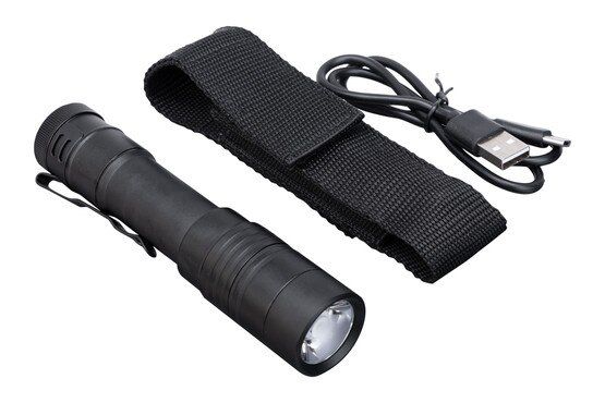 USB rechargeable LED flashlight with charger, black.